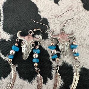 Vintage Silver and Turquoise Bull Skull Earrings